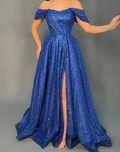 Sparkly Off The Shoulder Sequin Slit Prom Dress Blue A Line Evening Dress Y8532 by simplepromdress