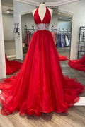 Red Beaded Halter Backless A-Line Long Prom Gown by KissProm