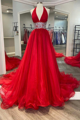 Rotes, perlenbesetztes, rückenfreies A-Linien-Ballkleid mit Neckholder