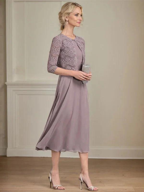 A-line Scoop Tea-Length Chiffon Mother of the Bride Dress With Pleated by Dreamylily