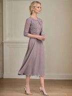 A-line Scoop Tea-Length Chiffon Mother of the Bride Dress With Pleated by Dreamylily