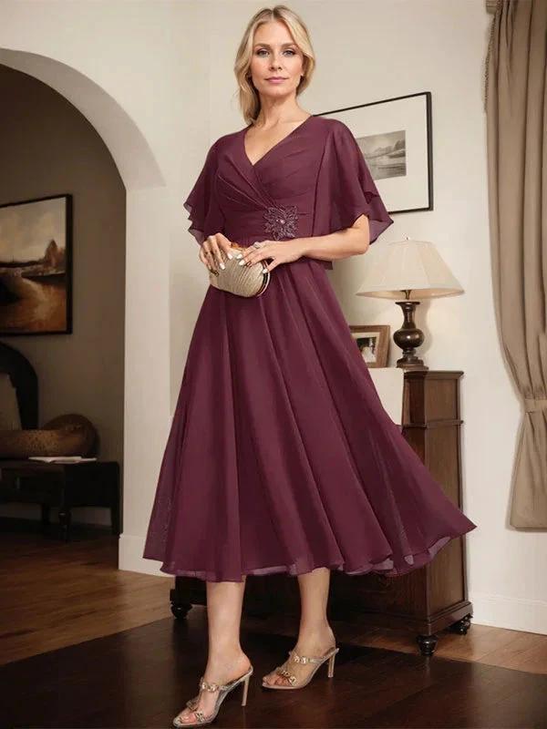 A-line V-Neck Tea-Length Chiffon Mother of the Bride Dress With Pleated Beading by Dreamylily