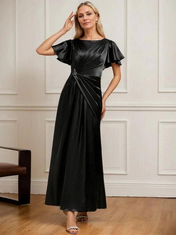 A-line Scoop Ankle-Length Stretch Satin Mother of the Bride Dress With Pleated Beading by Dreamylily