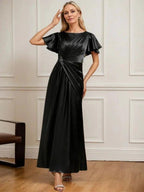 A-line Scoop Ankle-Length Stretch Satin Mother of the Bride Dress With Pleated Beading by Dreamylily