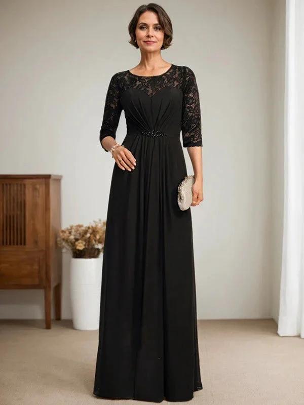 A-Line Scoop Illusion Floor-Length Lace Chiffon Mother Of the Bride Dress With Beading Ruffles by Dreamylily