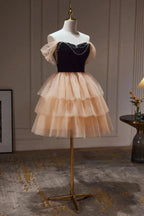 Chic Champagne Off The Shoulder Beading Tulle Short Homecoming Dresses by Cicinia