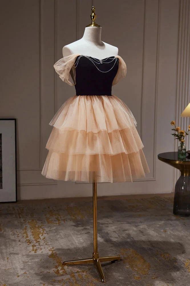 Chic Champagne Off The Shoulder Beading Tulle Short Homecoming Dresses by Cicinia