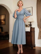 A-line V-Neck Tea-Length Lace Chiffon Mother of the Bride Dress With Pleated by Dreamylily