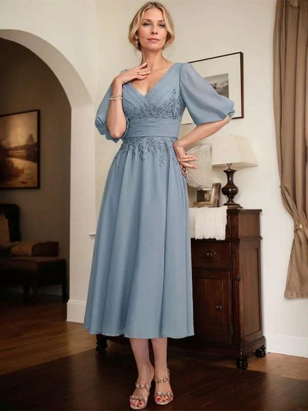 A-line V-Neck Tea-Length Lace Chiffon Mother of the Bride Dress With Pleated by Dreamylily