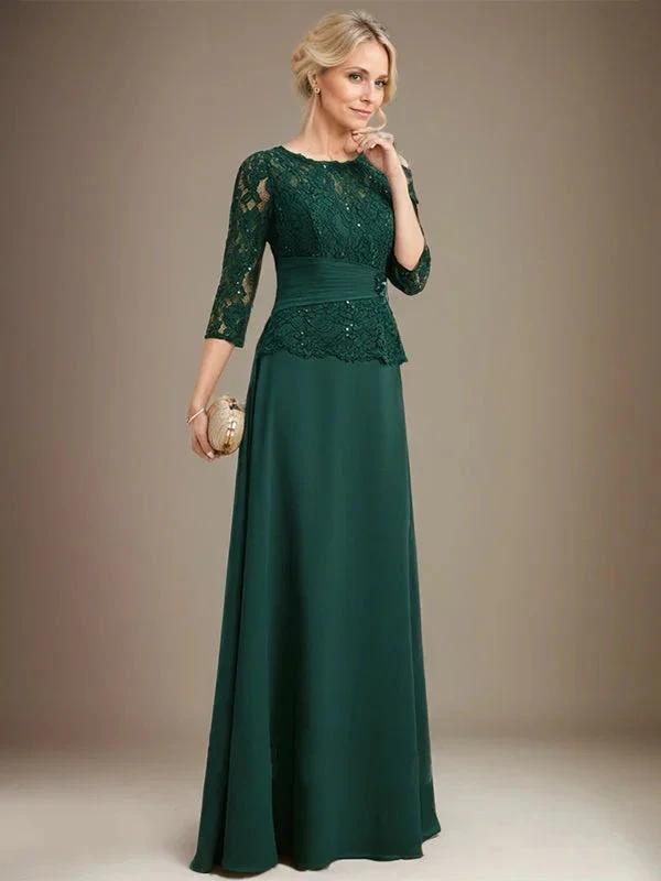 A-line Scoop Illusion Floor-Length Chiffon Lace Mother of the Bride Dress With Pleated Sequins Beading by Dreamylily