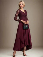 A-line V-Neck Asymmetrical Lace Chiffon Mother of the Bride Dress by Dreamylily
