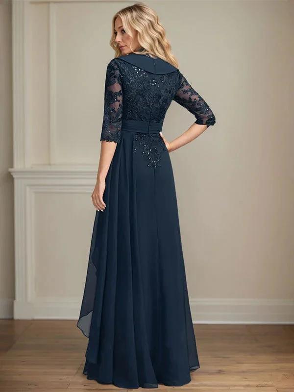 A-line Collared V-Neck Floor-Length Lace Chiffon Mother of the Bride Dress With Sequins Cascading Ruffles by Dreamylily