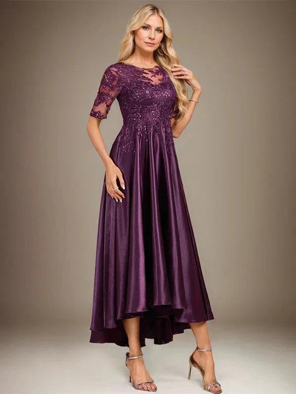 A-line Scoop Illusion Asymmetrical Stretch Satin Lace Mother of the Bride Dress With Sequins by Dreamylily