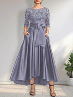 A-line Scoop Illusion Asymmetrical Satin Lace Mother of the Bride Dress With Bow by Dreamylily