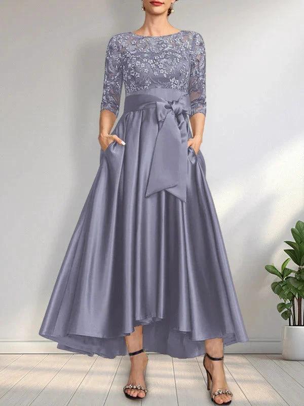 A-line Scoop Illusion Asymmetrical Satin Lace Mother of the Bride Dress With Bow by Dreamylily