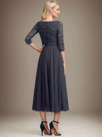 A-line Scoop Tea-Length Lace Chiffon Mother of the Bride Dress With Sequins by Dreamylily