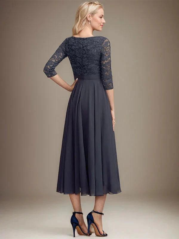 A-line Scoop Tea-Length Lace Chiffon Mother of the Bride Dress With Sequins by Dreamylily