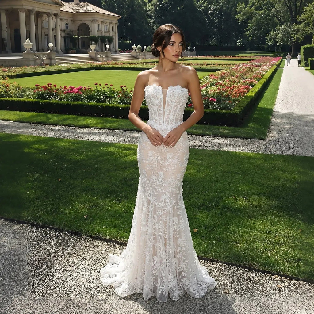 White Nude Lace Fairytale  Mermaid Wedding Dress 3D Floral  Train  SW649