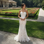 White Nude Lace Fairytale  Mermaid Wedding Dress 3D Floral  Train  SW649