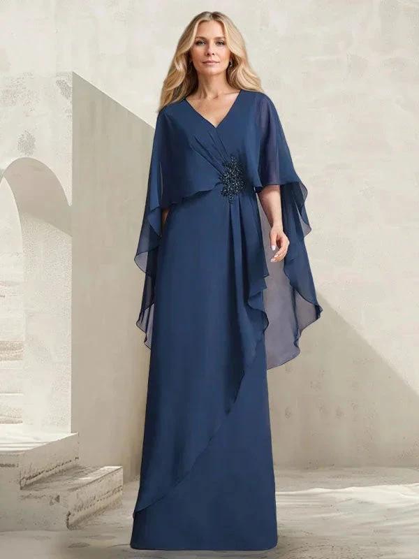 A-line V-Neck Floor-Length Chiffon Mother of the Bride Dress With Cascading Ruffles Beading by Dreamylily
