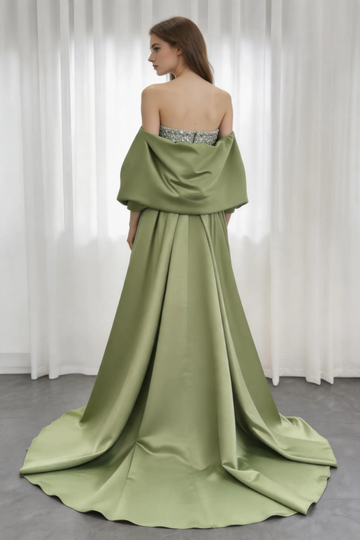 Sage Green Strapless Beaded Evening Gown with Oversized Satin Shawl and Court Train by simplepromdress