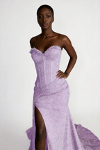 Lavender Sequin Strapless Sweetheart Mermaid Prom Dress with High Slit & Train by tangjianjun