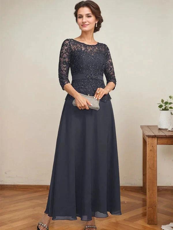 A-line Scoop Illusion Ankle-Length Chiffon Lace Mother of the Bride Dress With Rhinestone Beading by Dreamylily