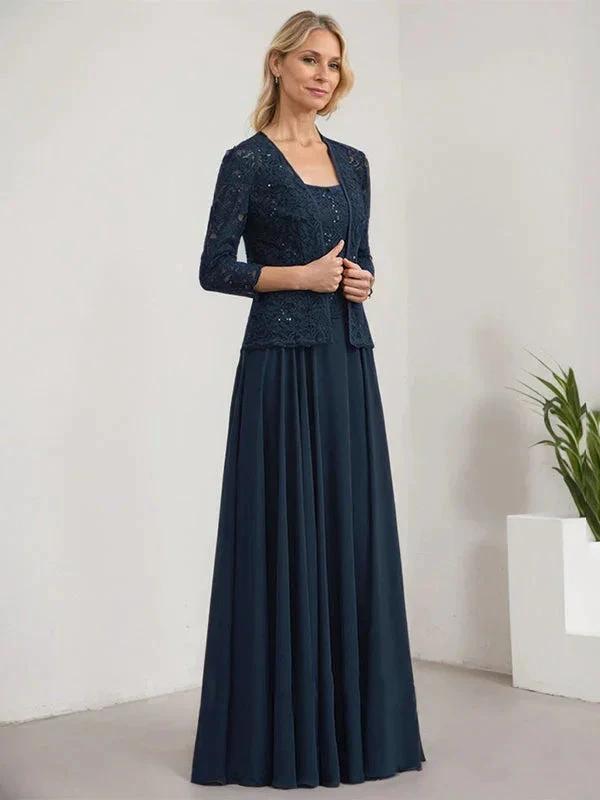 A-line Square Floor-Length Lace Chiffon Mother of the Bride Dress With Sequins by Dreamylily