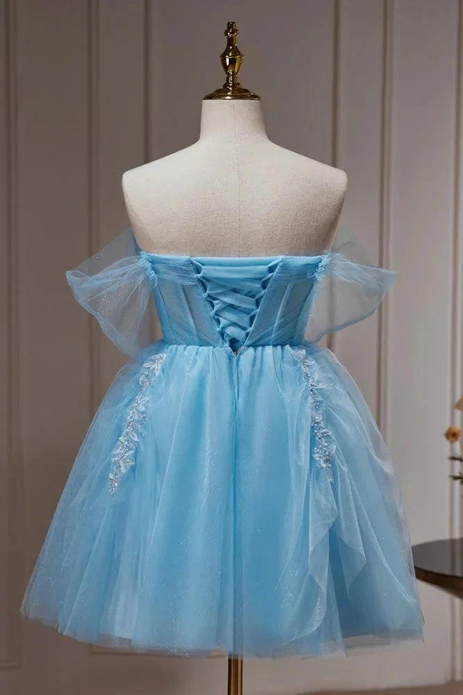 Blue Off The Shoulder Beading Appliques Tulle Short Homecoming Dresses by Cicinia