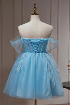 Blue Off The Shoulder Beading Appliques Tulle Short Homecoming Dresses by Cicinia