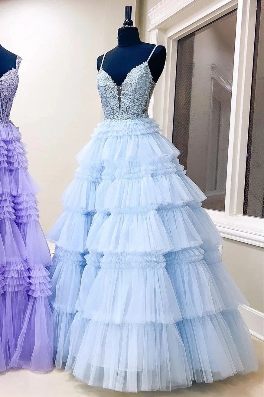 Hadlee | Black Beaded Spaghetti Strap Ruffle Tiered Ball Gown by KissProm