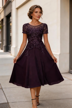 Elegant Plum Purple Lace Chiffon Tea-Length Mother of the Bride Dress by tangjianjun