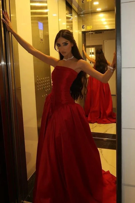 Beautiful Red Strapless Slit Party Evening Dress Formal Satin A Line Prom Dress Y8170 by simplepromdress