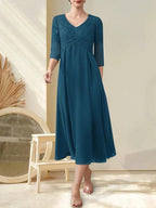 A-line V-Neck Tea-Length Chiffon Lace Mother of the Bride Dress With Beading by Dreamylily