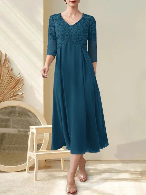 A-line V-Neck Tea-Length Chiffon Lace Mother of the Bride Dress With Beading by Dreamylily