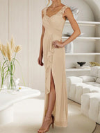 Vestido de malla plisada con escote corazón y corte en A color champán