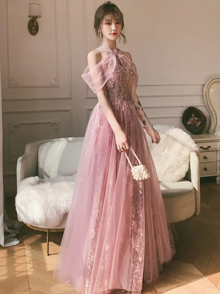 Pink Tulle A-line Long Formal Dresses, Pink High Neckline Party Dresses Prom Dresses by tangjianjun