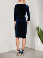 Short Velvet Sheath Dress with Surplice Neckline, Cascade Skirt and Embellishment Detail at Hip by Dreamylily