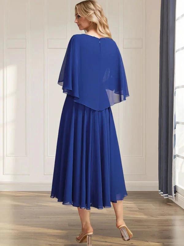 A-line V-Neck Tea-Length Chiffon Mother of the Bride Dress With Pleated Sequins Appliques Lace Beadind by Dreamylily