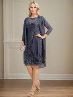 Sheath/Column Scoop Illusion Knee-Length Lace Chiffon Mother of the Bride Dress With Cascading Ruffles Sequins by Dreamylily