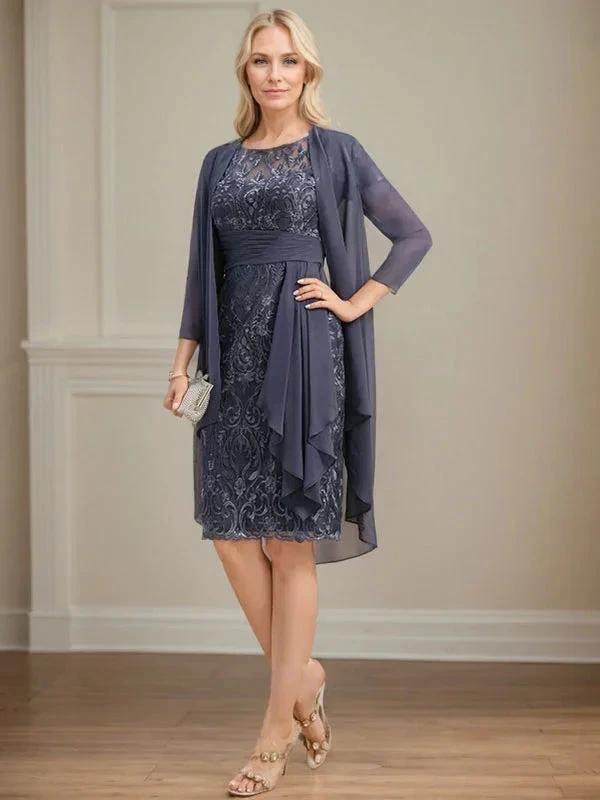 Sheath/Column Scoop Illusion Knee-Length Lace Chiffon Mother of the Bride Dress With Cascading Ruffles Sequins by Dreamylily