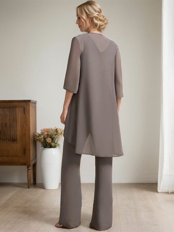 Separates Jumpsuit/Pantsuit Scoop Floor-Length Chiffon Lace Mother of the Bride Dress With Beading Sequins