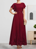 A-Linie U-Ausschnitt Knöchellang Spitzen-Chiffon-Kleid für die Brautmutter mit Pailletten