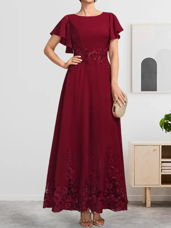 A-Linie U-Ausschnitt Knöchellang Spitzen-Chiffon-Kleid für die Brautmutter mit Pailletten