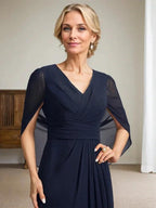Dark Navy A-Line V-Neck Long Mother of Bride Dress by Dreamylily