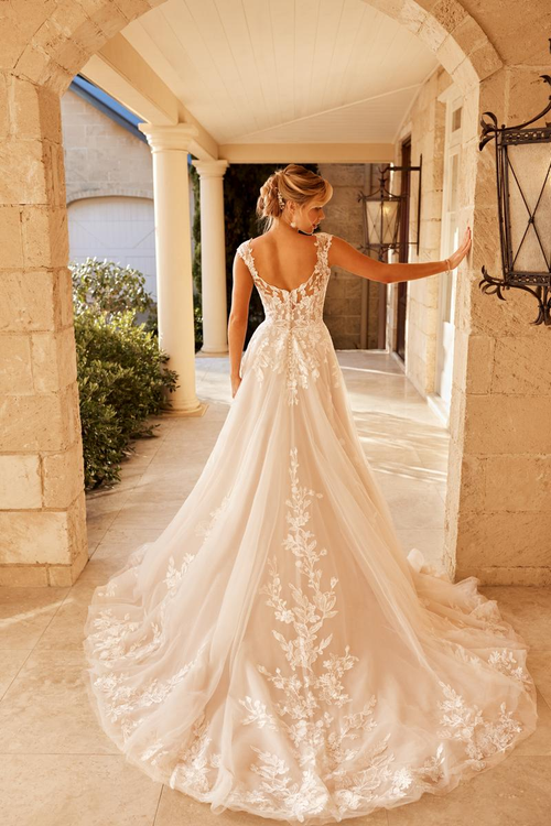 Elegante vestido de novia para mujer, escote en V, manga corta, apliques de encaje, vestidos de novia con botones y cola larga. 