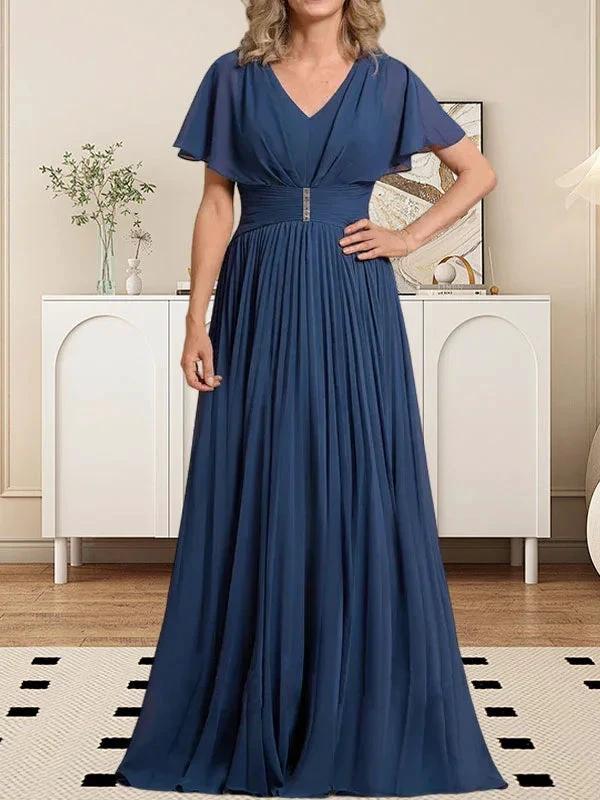 A-line V-Neck Floor-Length Chiffon Mother of the Bride Dress With Crystal Brooch Pleated by Dreamylily