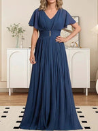 A-line V-Neck Floor-Length Chiffon Mother of the Bride Dress With Crystal Brooch Pleated by Dreamylily