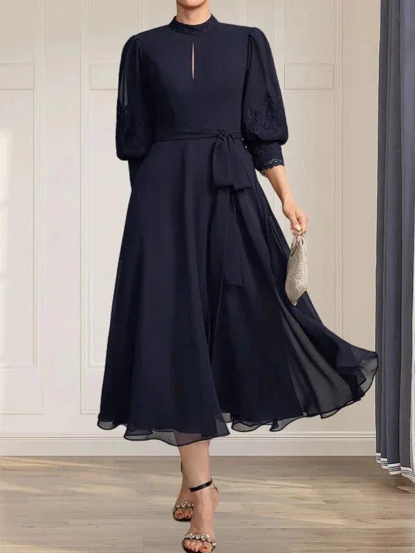 A-line High Neck Tea-Length Lace Chiffon Mother of the Bride Dress With Bow by Dreamylily