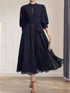 A-line High Neck Tea-Length Lace Chiffon Mother of the Bride Dress With Bow by Dreamylily